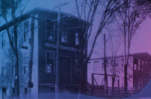 Image of original building of Universal Stamping Machine Company, colourised