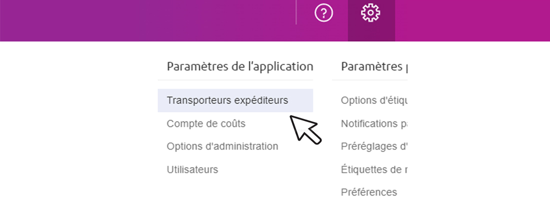 Allez dans Paramètres et cliquez sur Transporteurs expéditeurs
