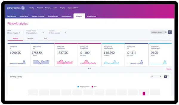PitneyAnalytics® Capture, organise, and review all your mail and shipping expenses in one place, helping to manage costs and operational efficiency.