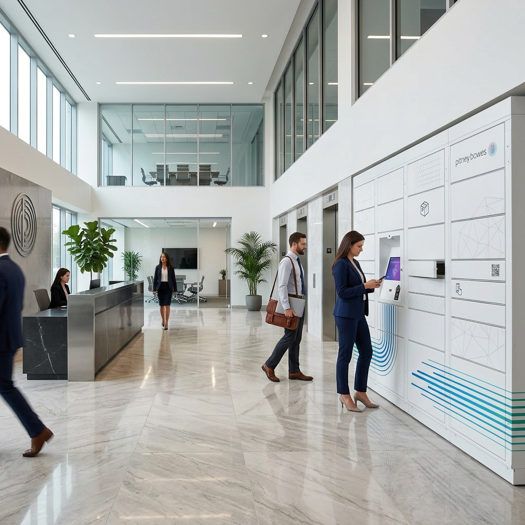 Indoor and outdoor Pitney Bowes parcel locker configurations across multiple compartment sizes