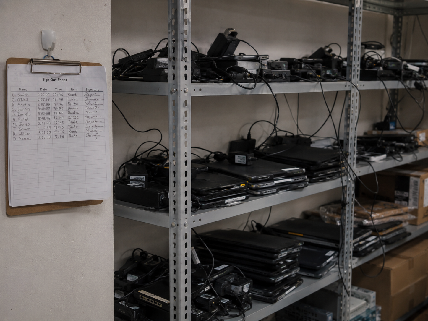 Shared workplace equipment left unsecured that asset lockers help account for