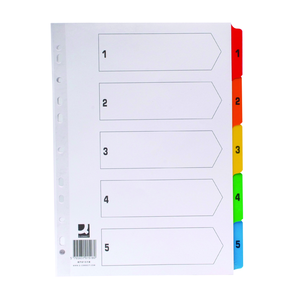 Q-Connect 1-5 Index Multi-punched Reinforced Board Multi-Colour Numbered Tabs A4 White KF01518