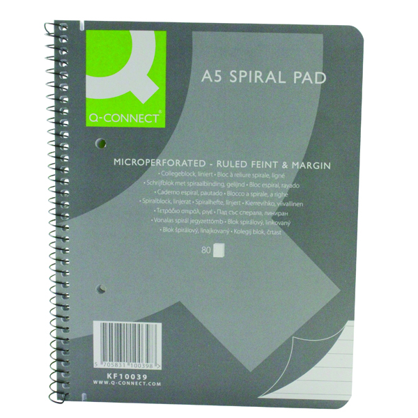 Q-Connect Ruled Margin Spiral Soft Cover Notebook 160 Pages A5 (Pack of 5) KF10039