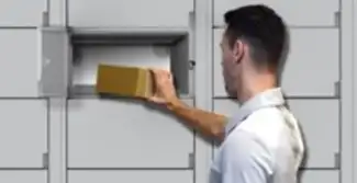 man placing a package in a shipping locker