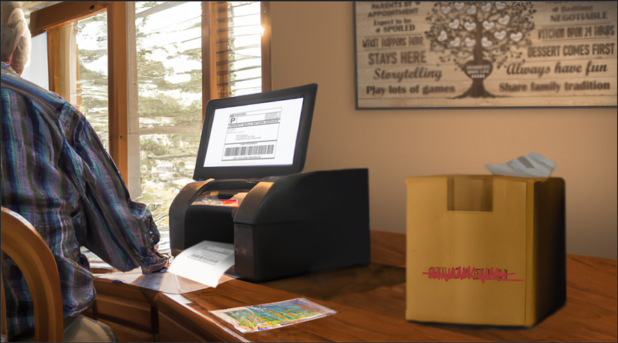 computer screen with return label, printer and box on a desk