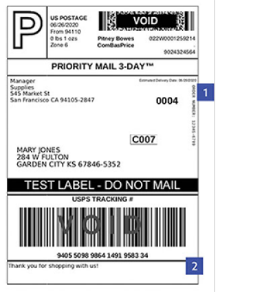 USPS shipping label with two areas for custom messages called out