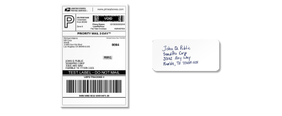 A side-by-side comparison of a label created by a shipping label printer that can print address labels at home and a handwritten address label.