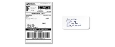 A side-by-side comparison of a label created by a shipping label printer that can print address labels at home and a handwritten address label.