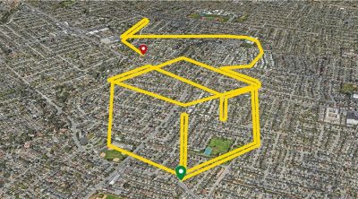 an aerial map of a return journey which forms the shape of a box and arrow