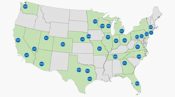 US map of Pitney Bowes Presort facilities
