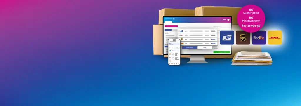 PitneyShip dashboard and USPS, UPS, FedEx, DHL logos