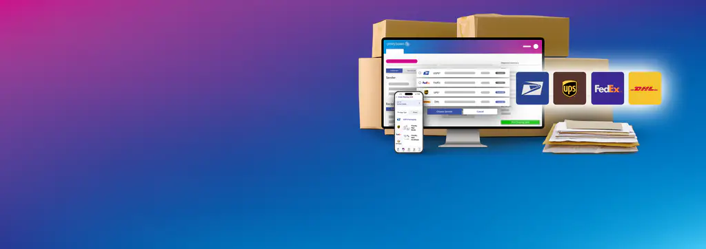 PitneyShip dashboard and USPS, UPS, FedEx, DHL logos