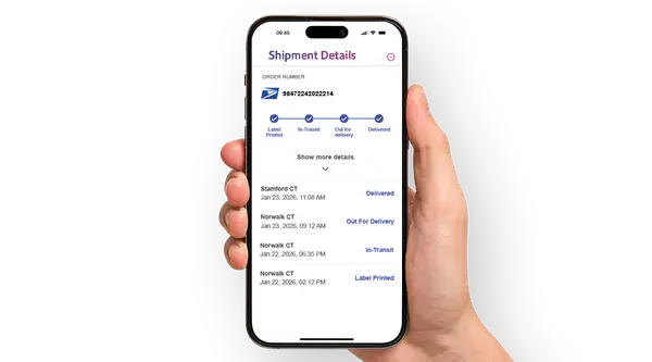 cell phone with PitneyShip UI tracking a USPS package