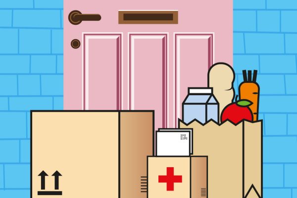 graphic of packages filled essential items at a house's front door