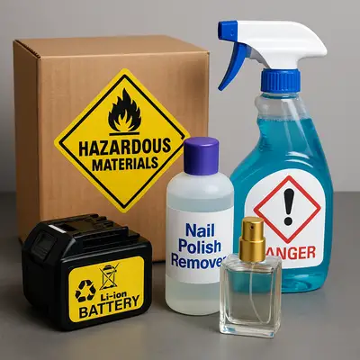 Various hazardous materials including a lithium-ion battery, nail polish remover, cleaning spray, and perfume bottle next to a shipping box labeled 'Hazardous Materials'.