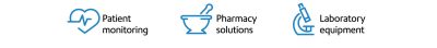 three different icons that represent patient monitoring, pharmacy solutions and laboratory equipment