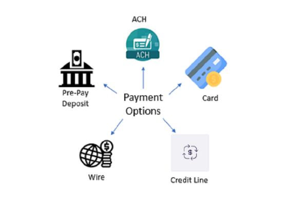 Payment options - ACH, card, credit line, wire, deposit