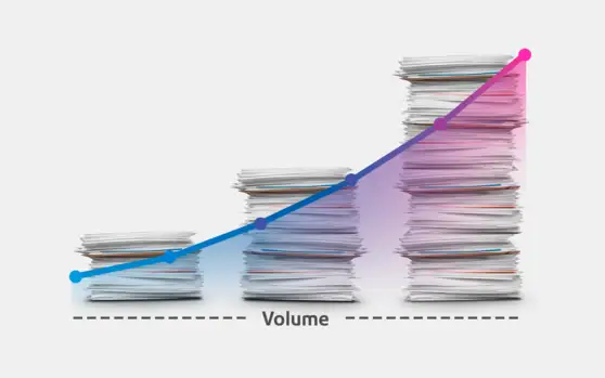 graph illustrating three stacks of postage envelopes increasing in volume 