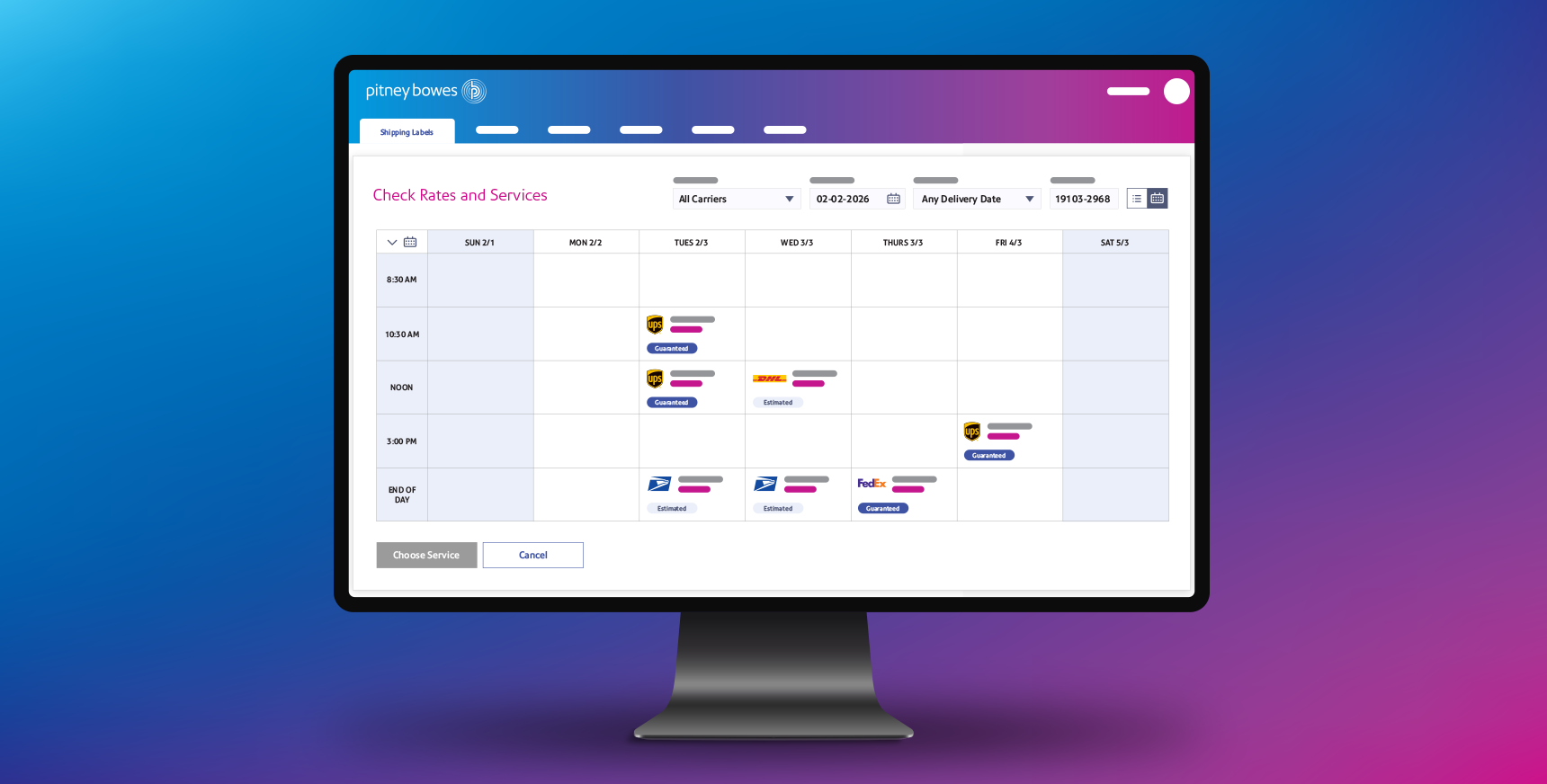 screenshot of rates and services