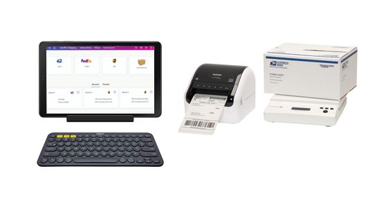 SendPro Tablet, printer, sclae, and keyboard