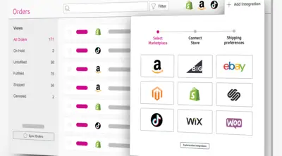 ShipAccel order management dashboard showing order statuses and integration options with marketplaces like Amazon, Shopify, eBay, TikTok, and more.