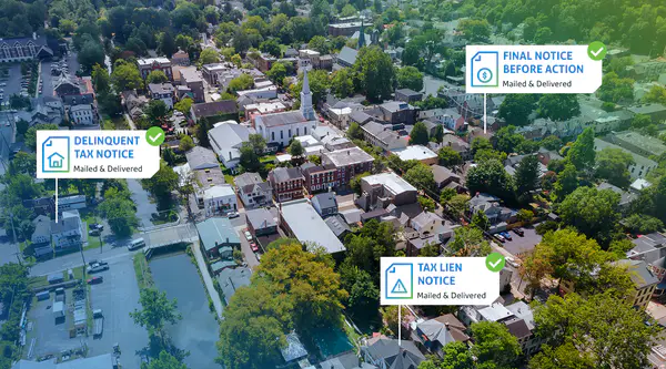 aerial view of a city with callouts for properties with tax collectors