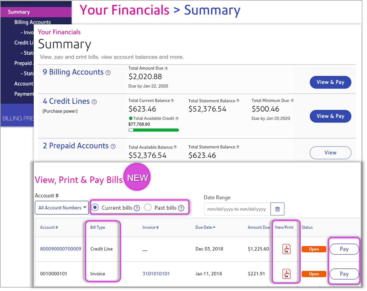 financials summary page