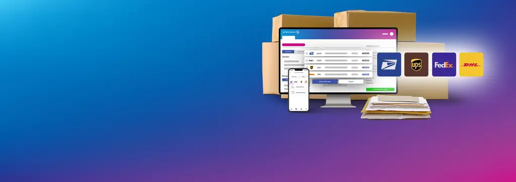 PitneyShip dashboard and USPS, UPS, FedEx, DHL logos